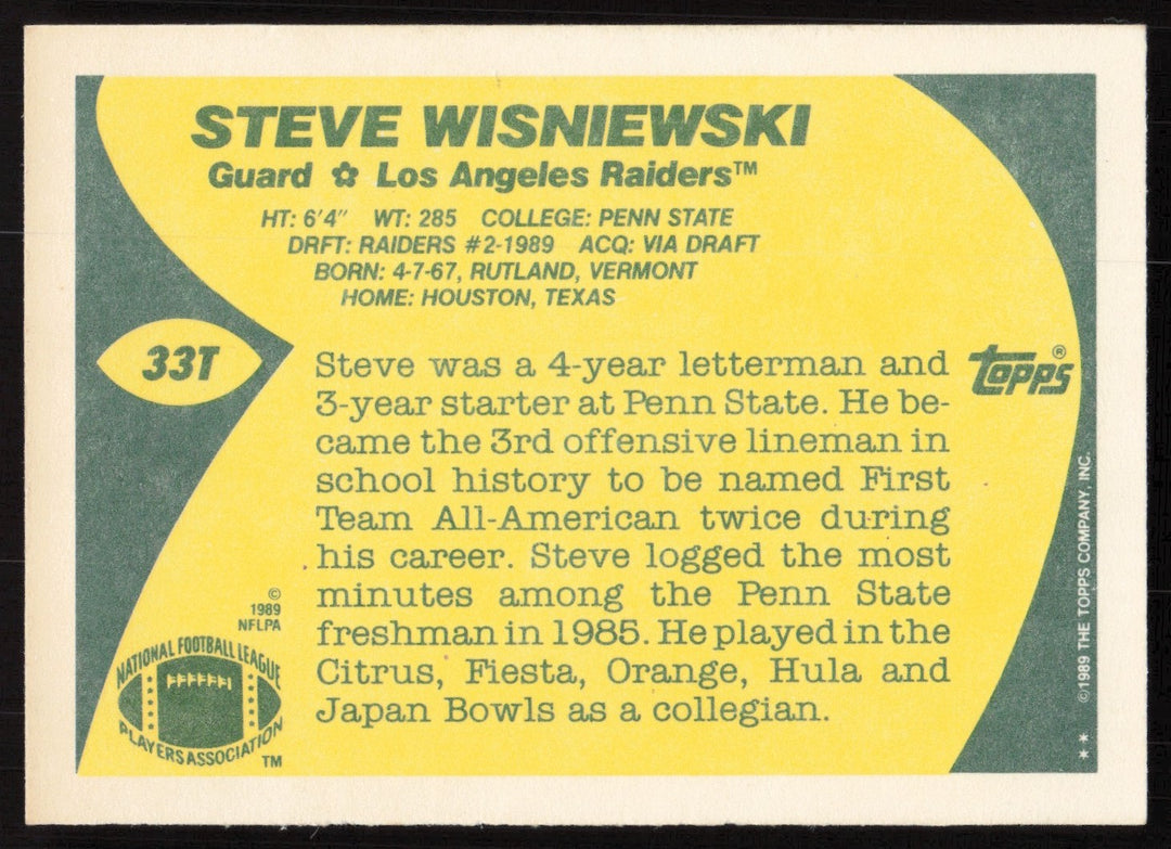Steve Wisniewski Signed 1989 Topps Traded RC 33T Los Angeles Raiders