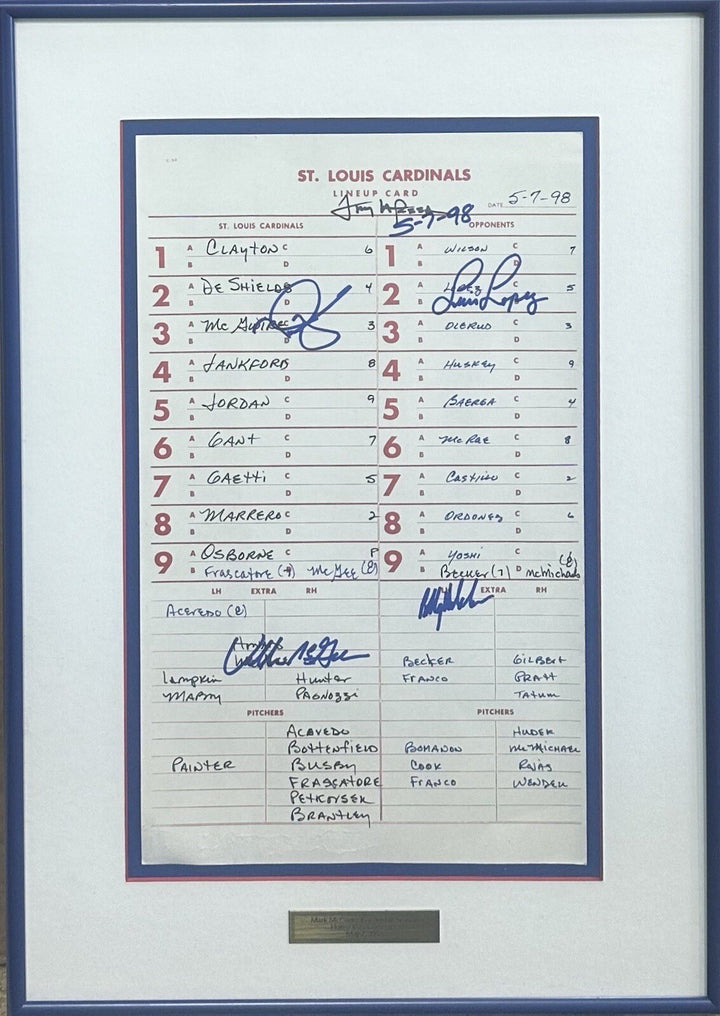 Mark McGwire Signed 1998 Official Lineup Card 13 Hr Framed Cardinals Auto Coa