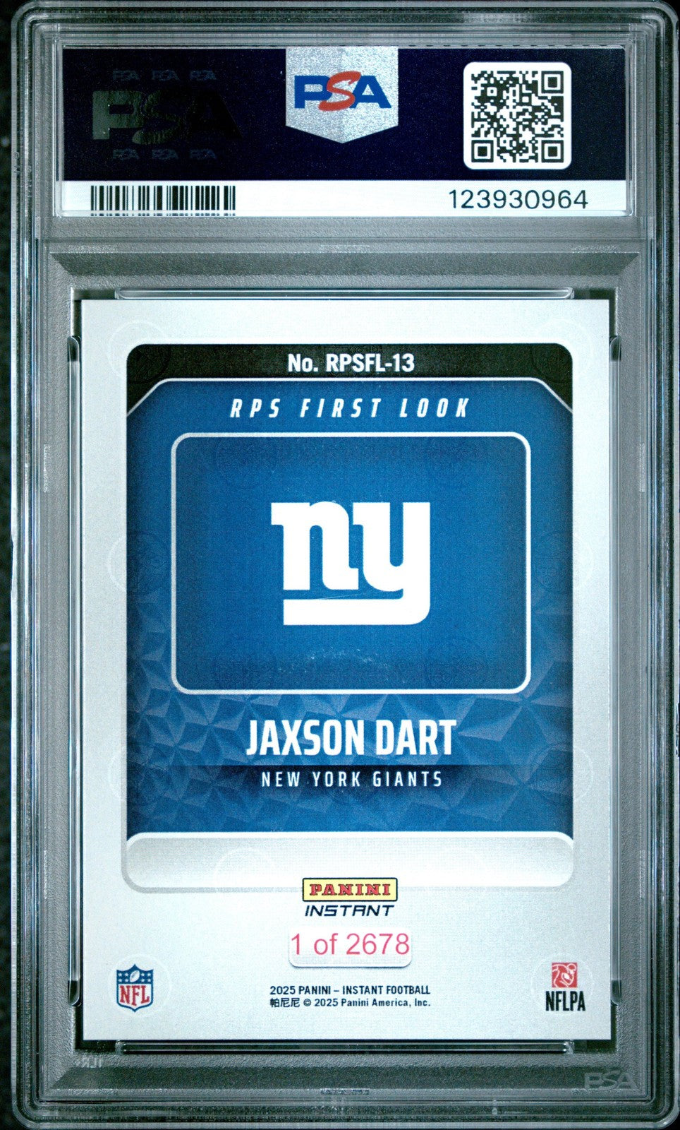 Graded 2025 Panini Jaxson Dart #RPSFL13 RPS First Look RC Card PSA 10
