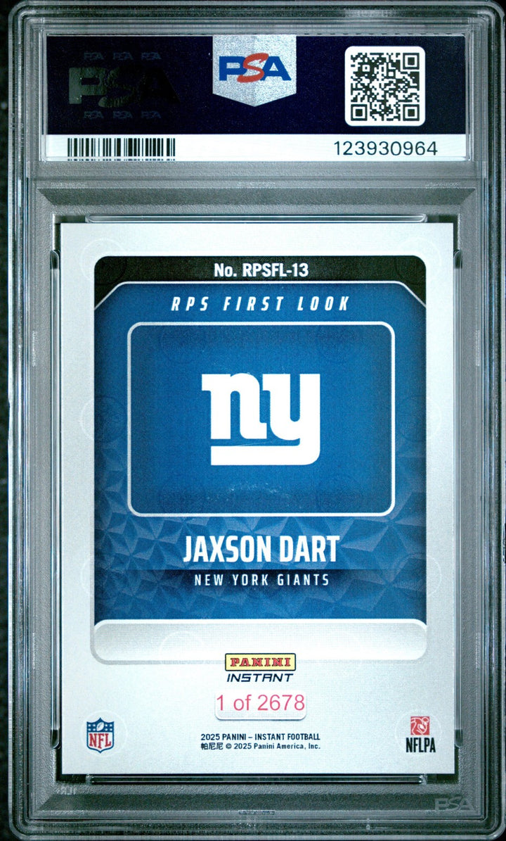 Graded 2025 Panini Jaxson Dart #RPSFL13 RPS First Look RC Card PSA 10
