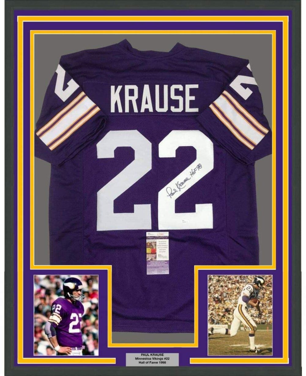 FRAMED Autographed/Signed PAUL KRAUSE HOF 33x42 Minnesota Purple Jersey JSA COA