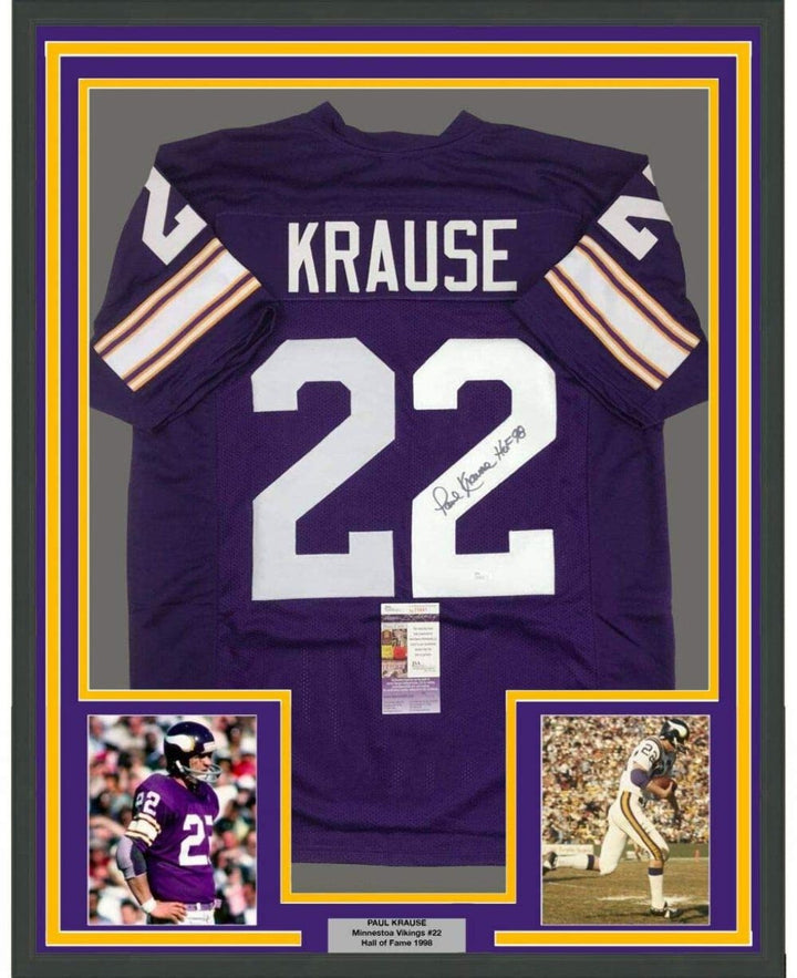 FRAMED Autographed/Signed PAUL KRAUSE HOF 33x42 Minnesota Purple Jersey JSA COA
