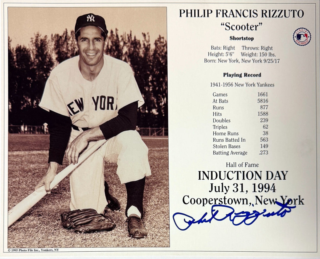 Phil Rizzuto signed MLB Licensed Hall of Fame Induction Day 8x10 Photo/Card- COA