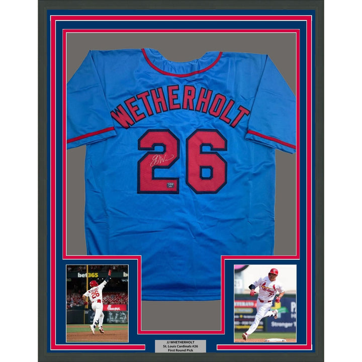 Framed Autographed/Signed JJ Wetherholt 35x39 STL Blue Jersey LCG Prova COA