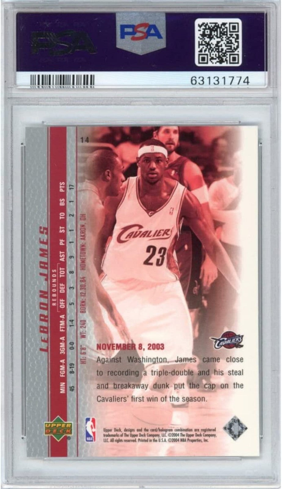 Graded 2003 Upper Deck LEBRON JAMES #14 Phenomenal Beginning Rookie Card PSA 10