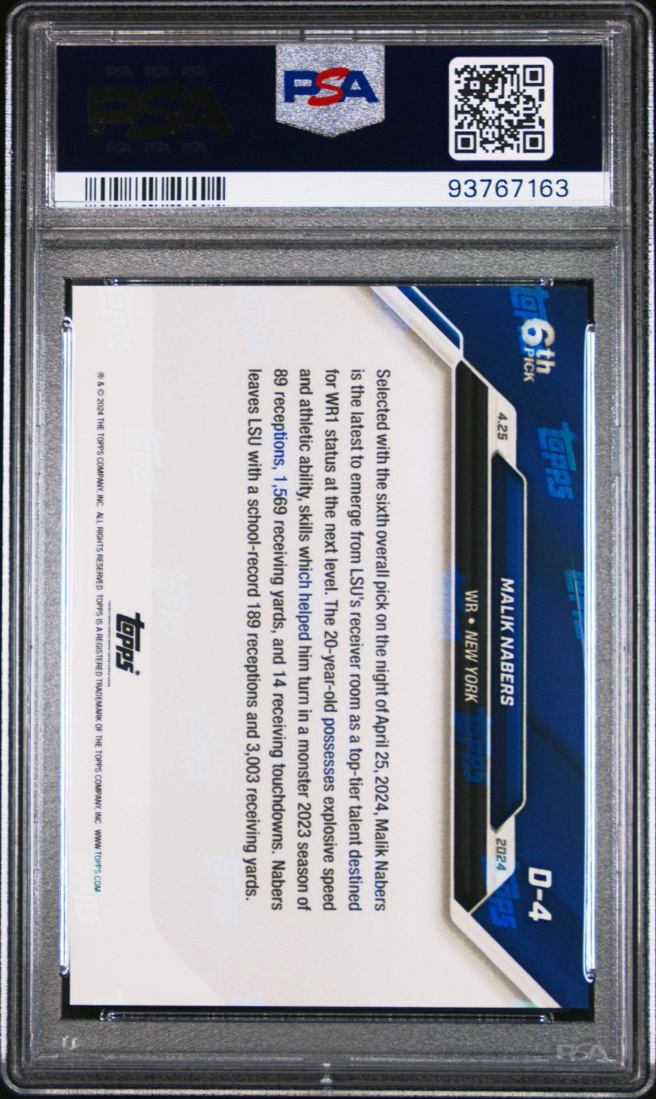 Graded 2024 Topps Now Malik Nabers #D4 Rookie RC Football Card PSA 10 Gem Mint