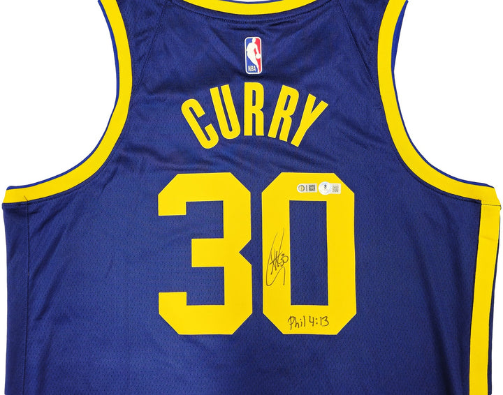 Warriors Stephen Curry Auto Blue Nike Jordan Statement Jersey 48 Bible Verse BAS