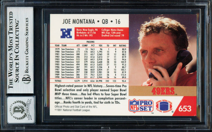 Joe Montana Signed 1991 Pro Set Card 653 San Francisco 49ers Auto GM 10 Beckett