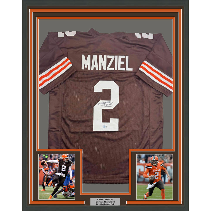 Framed Autographed/Signed Johnny Manziel 35x39 Cleveland Brown Jersey BAS COA