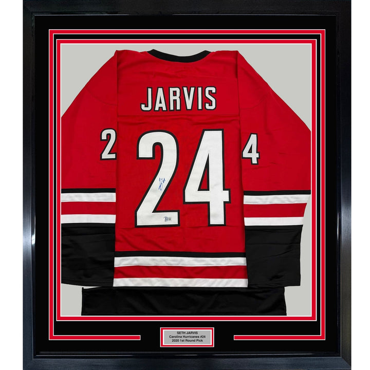 Framed Autographed/Signed Seth Jarvis 35x39 Carolina Red Jersey BAS COA
