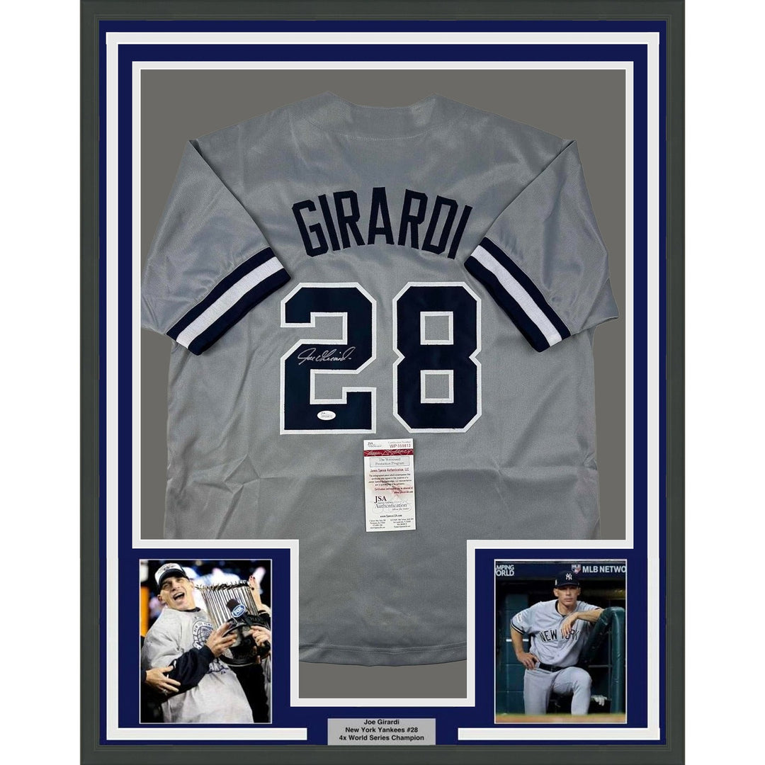 Framed Autographed/Signed Joe Girardi 35x39 New York Grey Jersey JSA COA