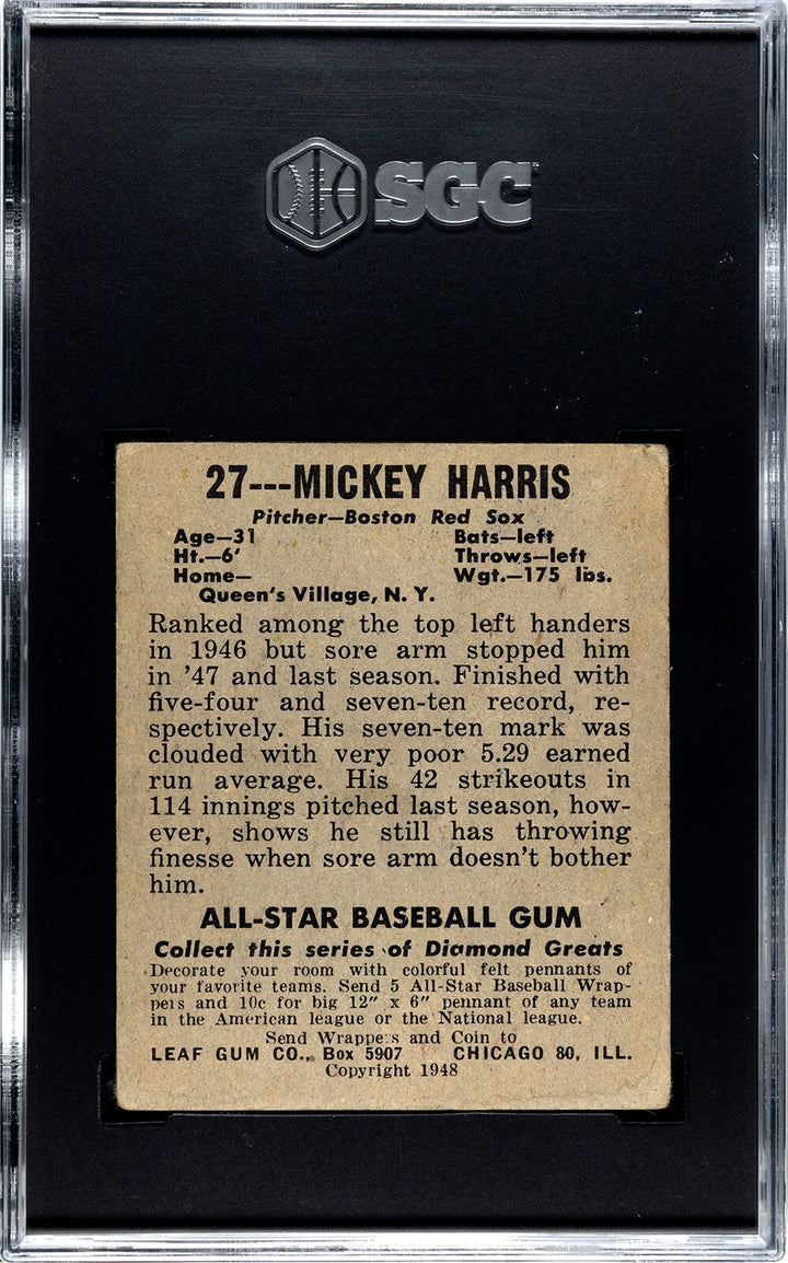 Mickey Harris 1948-49 Leaf Gum Co Baseball Card #27 Red Sox- SGC Graded 3 VG