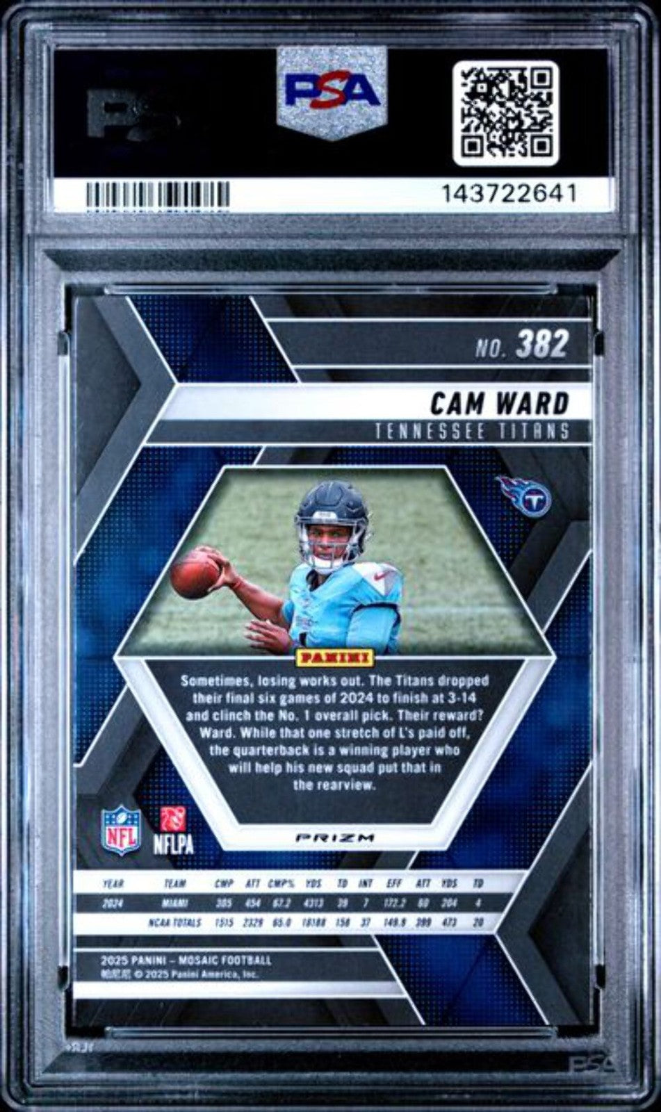Graded 2025 Panini Mosaic Cam Ward #382 Silver No Huddle Rookie RC Card PSA 10