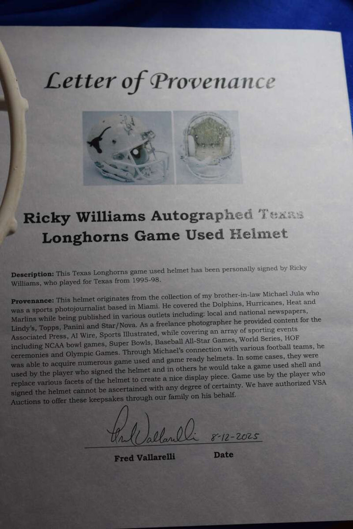 Ricky Williams Beckett BAS Autograph Texas Longhorns Game Used Helmet Signed