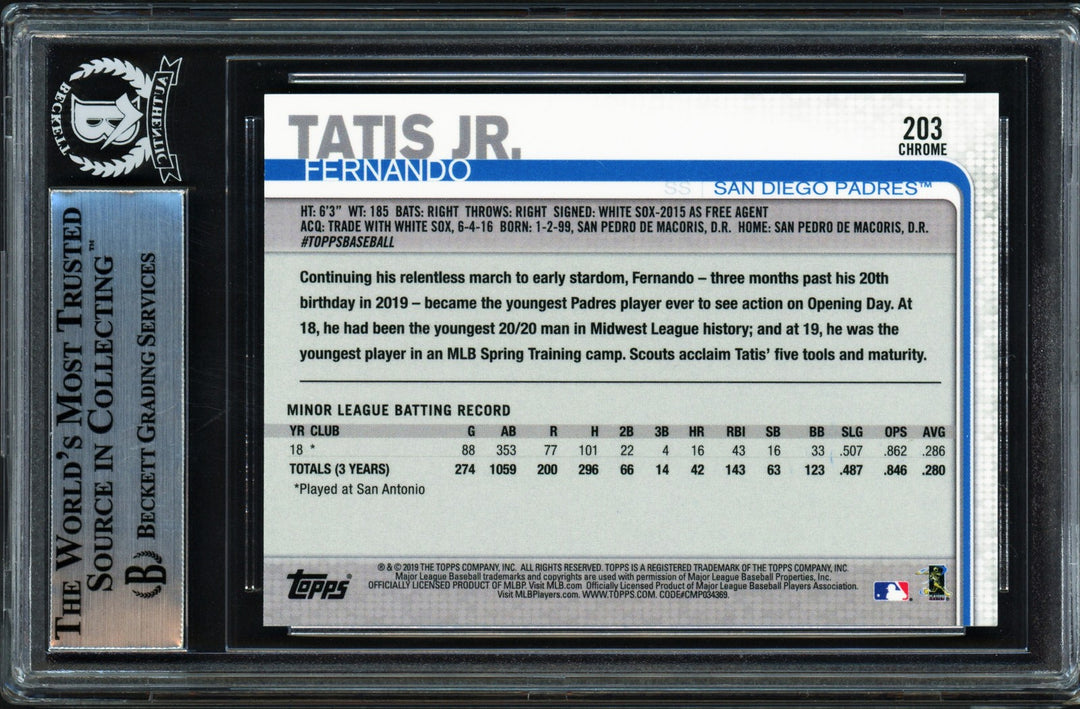 Fernando Tatis Jr. Signed 2019 Topp Chrome RC 203 Padres (Bubbling) Beckett