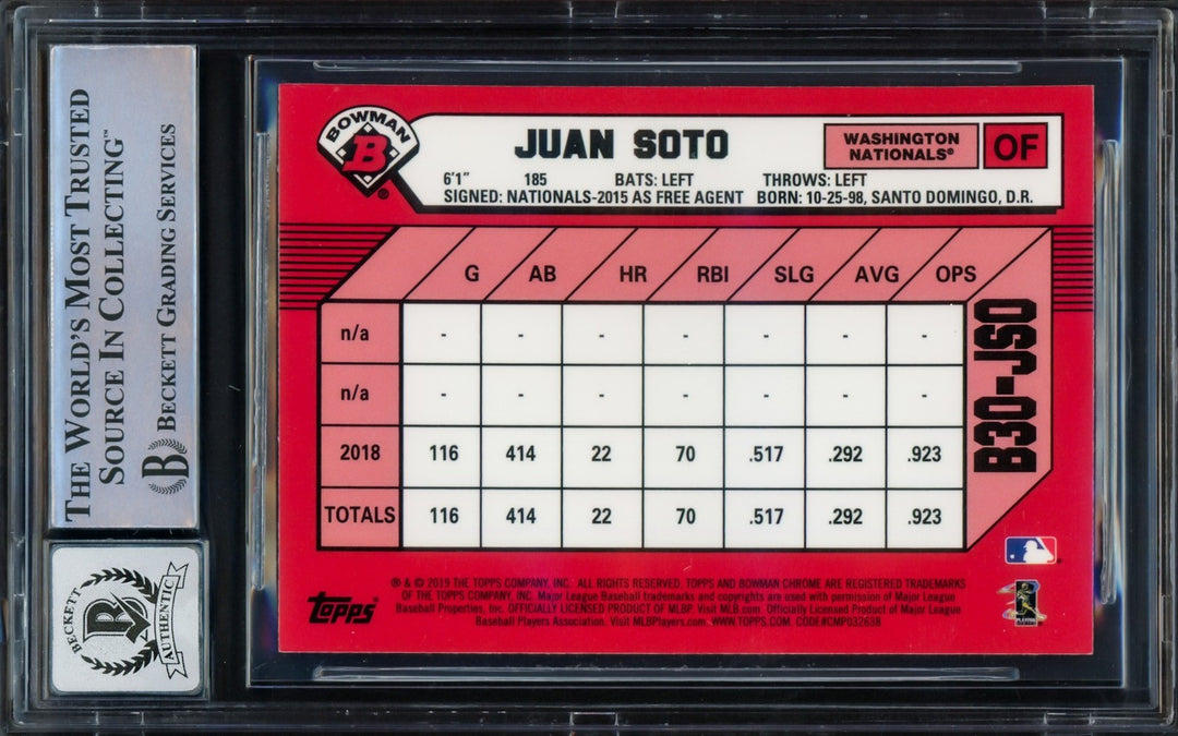 Juan Soto Auto 2019 Bowman Chrome 30th Anniversary Card B30-JSO Sig 10 Beckett
