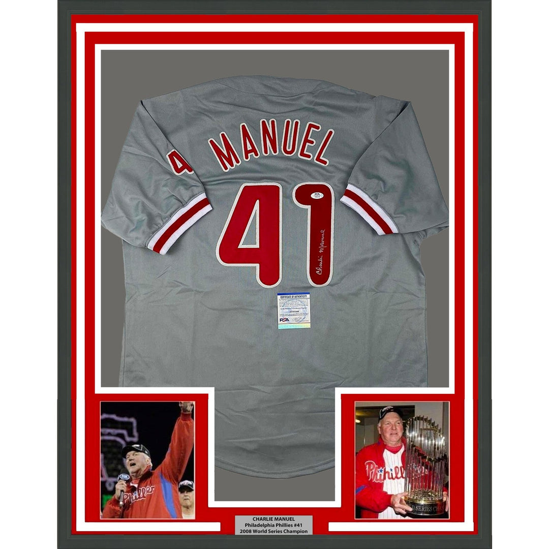 Framed Autographed/Signed Charlie Manuel 33x42 Grey Jersey PSA/DNA COA
