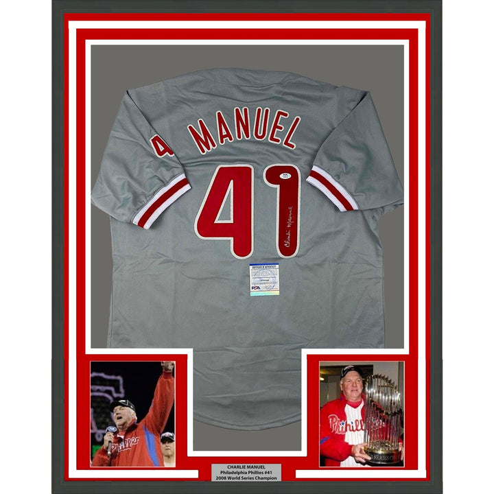 Framed Autographed/Signed Charlie Manuel 33x42 Grey Jersey PSA/DNA COA