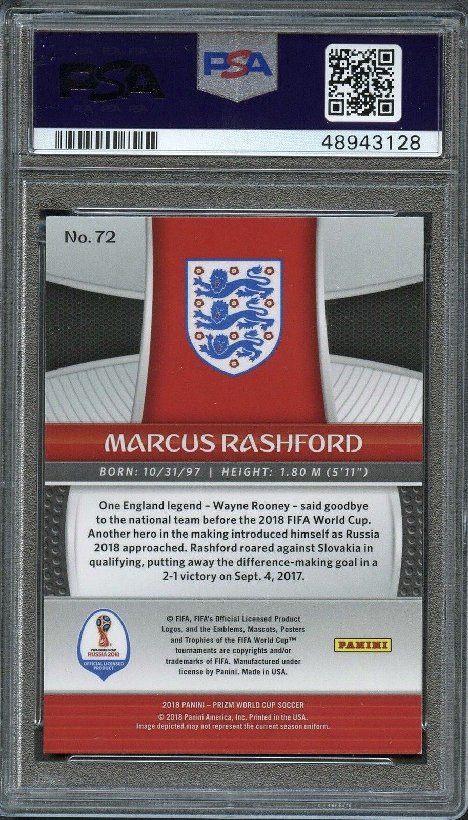 2018 Panini Prizm World Cup #72 Marcus Rashford Prizm PSA 9 Mint