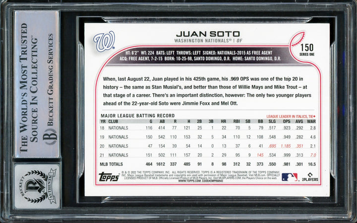 Juan Soto Signed 2022 Topps Card #150 New York Mets Auto GM 10 Beckett