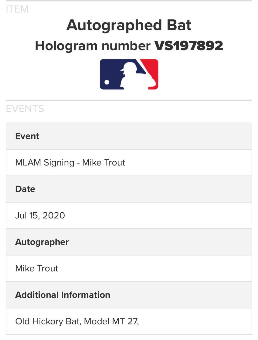 Mike Trout Signed Old Hickory Game Model Bat  Auto MLB Holo LA Angels MVP