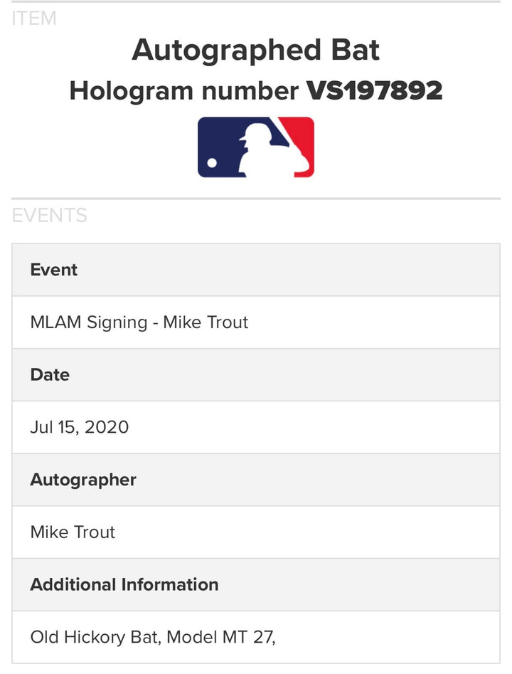 Mike Trout Signed Old Hickory Game Model Bat  Auto MLB Holo LA Angels MVP