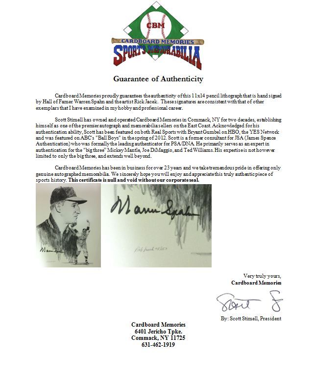 Warren Spahn Braves signed 11x14 Lithograph HOF artist Auto framed LE/250 COA