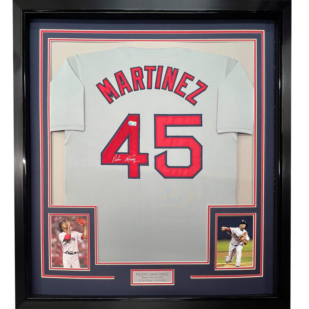 Framed Autographed/Signed Pedro Martinez 33x42 Boston Grey Jersey JSA COA