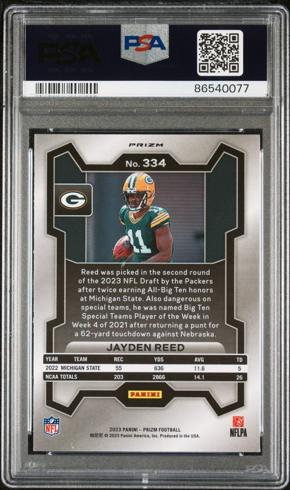 Graded 2023 Panini Prizm Jayden Reed #334 Disco Rookie RC Football Card PSA 10