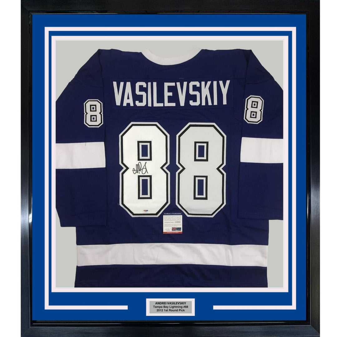 Framed Signed Andrei Vasilevskiy 35x39 Tampa Bay Blue Jersey PSA COA