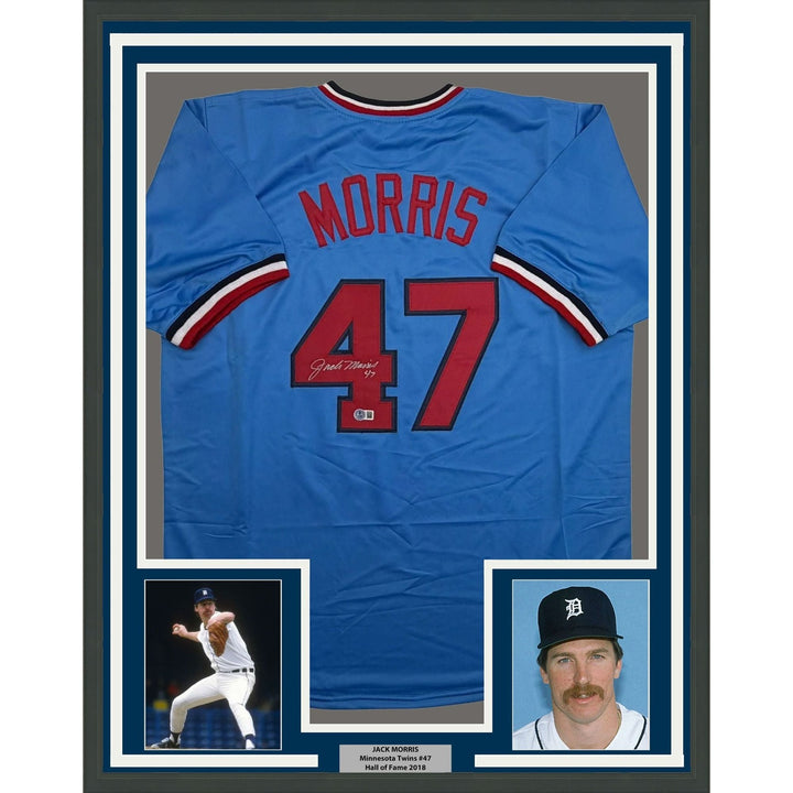 Framed Autographed/Signed Jack Morris 35x39 Minnesota Blue Jersey BAS COA