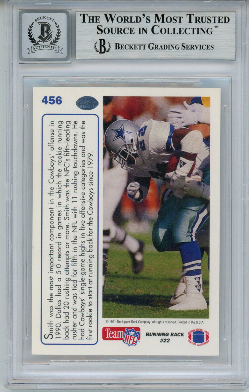 Emmitt Smith Signed 1991 Upper Deck #456 Trading Card Beckett 10 Slab 35094