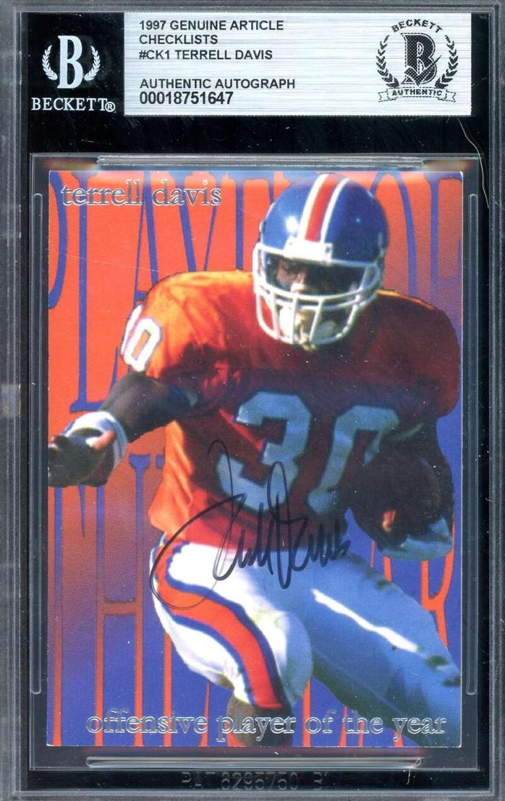 Terrell Davis Beckett BAS Signed 1997 Genuine Article Checklist Autograph