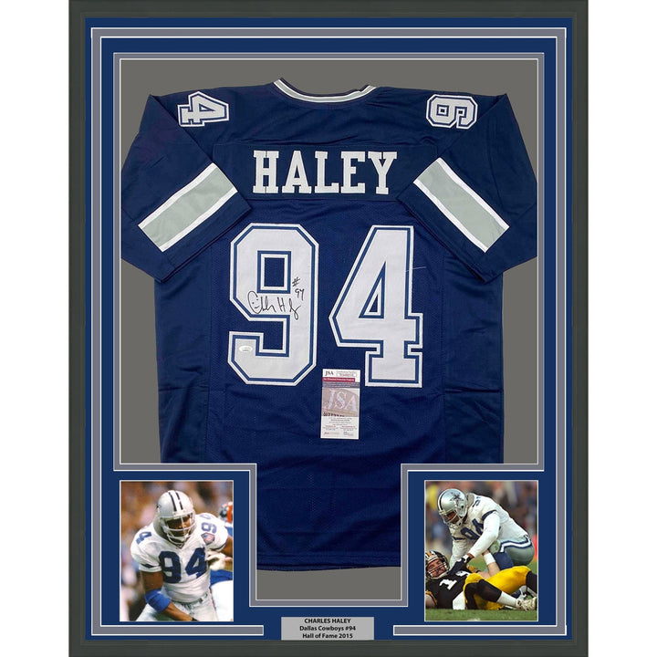 Framed Autographed/Signed Charles Haley 33x42 Dallas Blue Jersey JSA COA