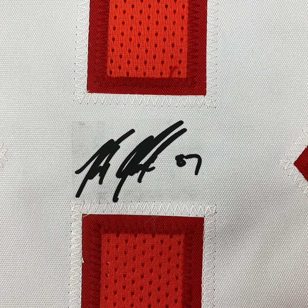 Framed Facsimile Autographed Rob Gronkowski 33x42 Orange Reprint Laser Jersey