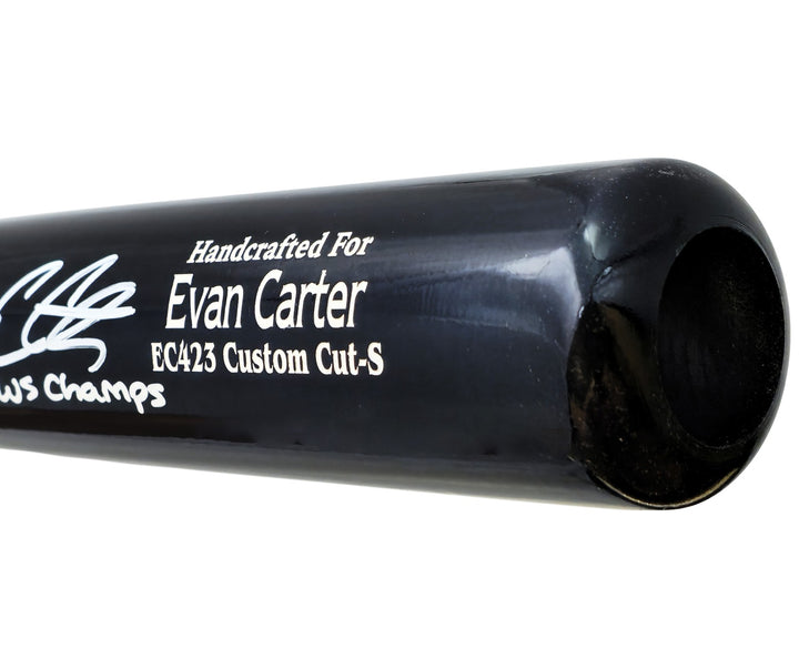 Evan Carter Auto Navy/Grey Marucci Player Model Bat Rangers 23 WS Champs Beckett