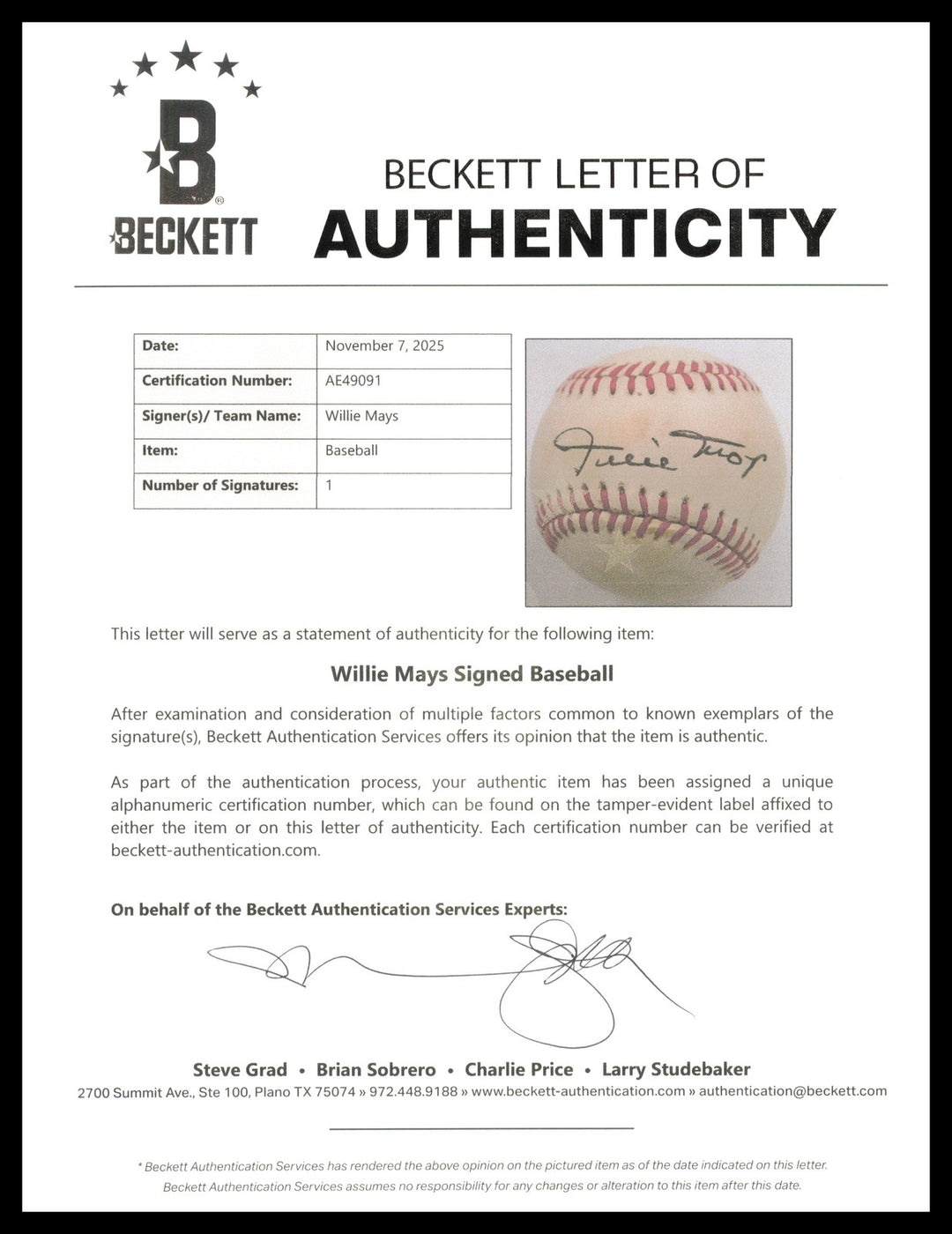 Willie Mays Signed AL Baseball San Francisco Giants Beckett