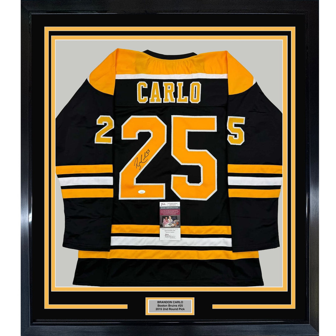 Framed Autographed/Signed Brandon Carlo 35x39 Boston Black Jersey JSA COA