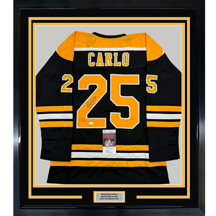 Framed Autographed/Signed Brandon Carlo 35x39 Boston Black Jersey JSA COA