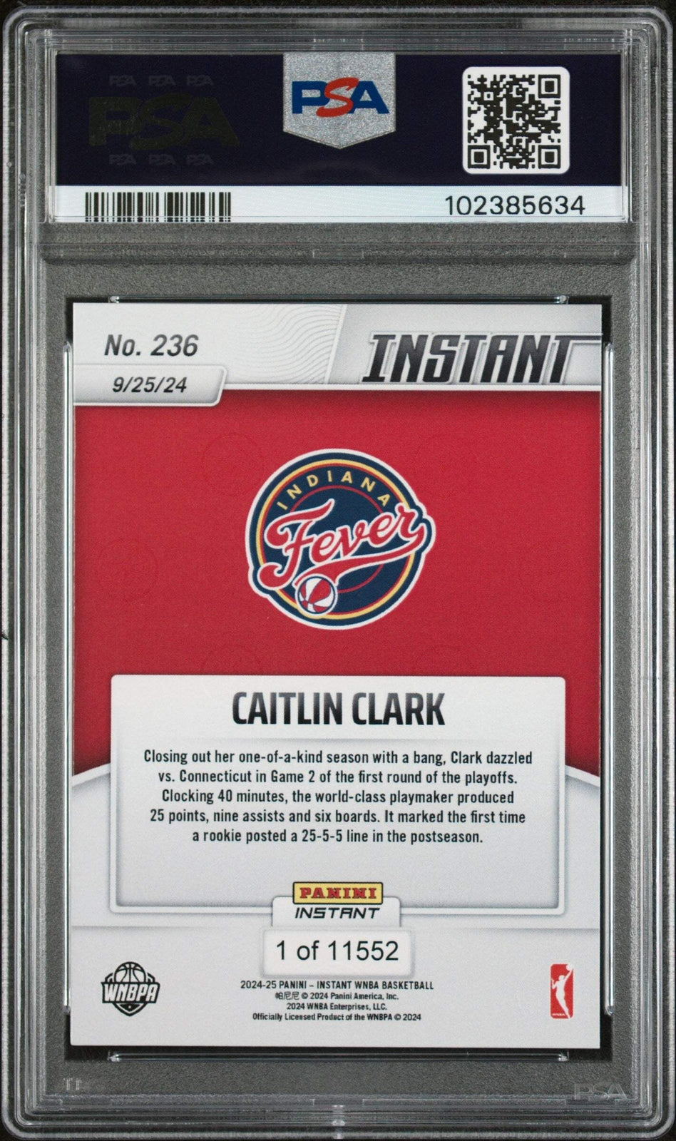 Graded 2024 Panini Instant WNBA Caitlin Clark #236 Rookie Basketball Card PSA 10