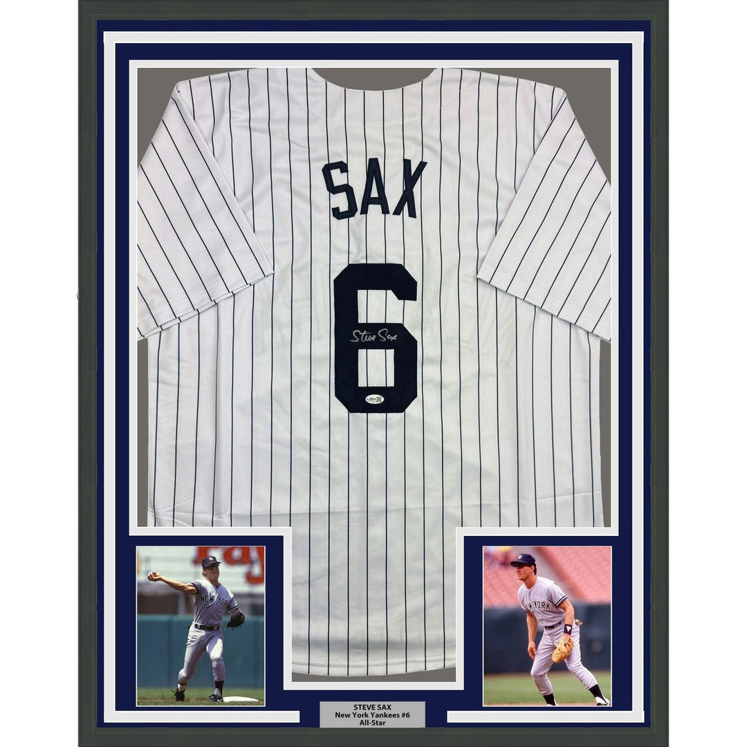 Framed Autographed/Signed Steve Sax 35x39 New York Pinstripe Jersey JSA COA