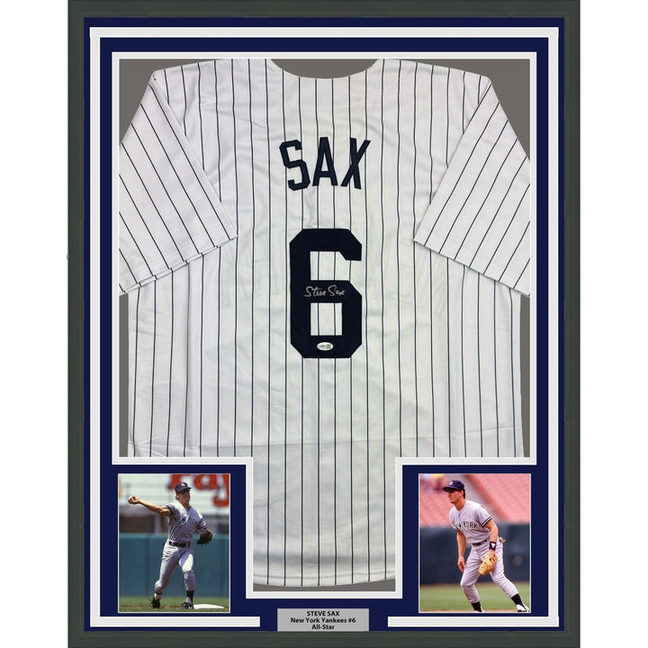 Framed Autographed/Signed Steve Sax 35x39 New York Pinstripe Jersey JSA COA