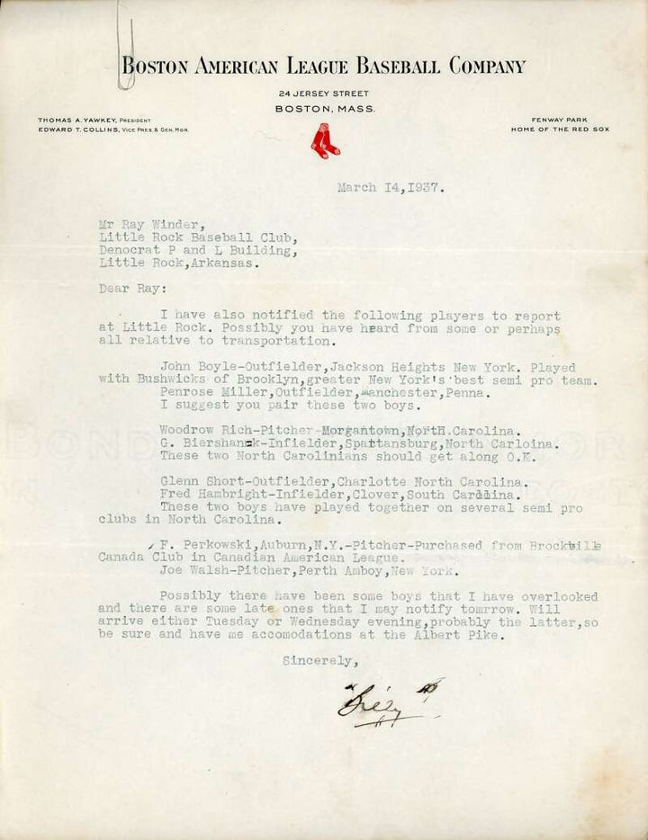 Billy Evans JSA Coa Signed Boston Red Sox Letter Autograph