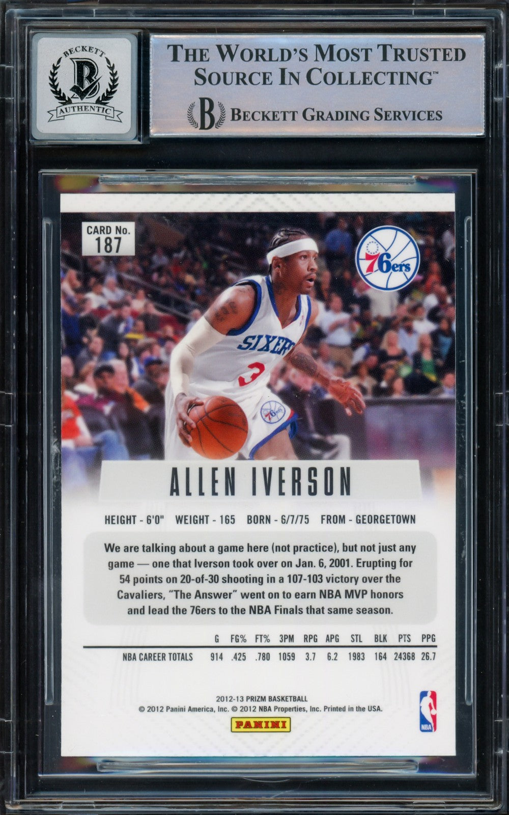 Allen Iverson Auto 2012-13 Panini Prizm Card 187 76ers Auto 10 Beckett Witnessed