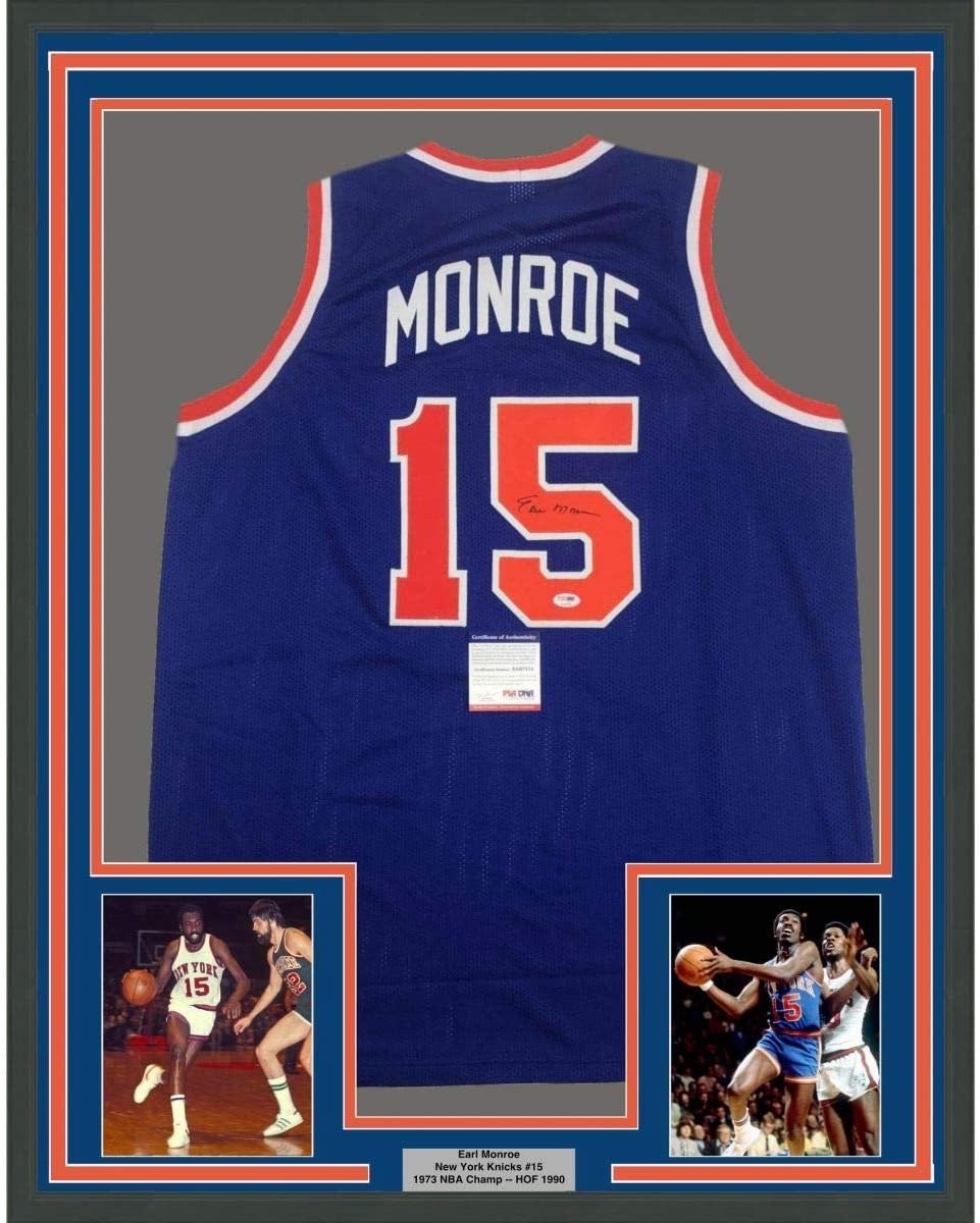 FRAMED Autographed/Signed EARL MONROE 35x39 New York Blue Jersey PSA COA