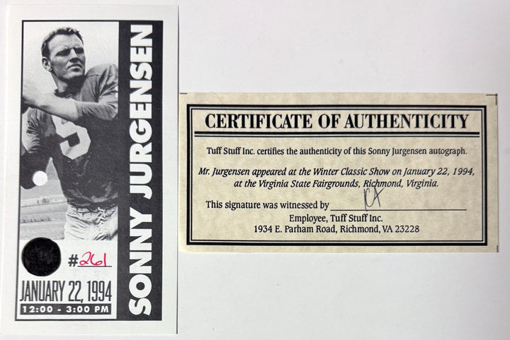 Sonny Jurgensen signed Washington Redskins 8x10 Photo minor dings- COA/Ticket