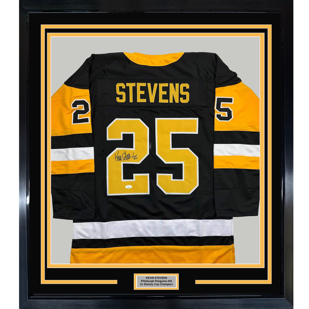 Framed Autographed/Signed Kevin Stevens 35x39 Pittsburgh Black Jersey JSA COA
