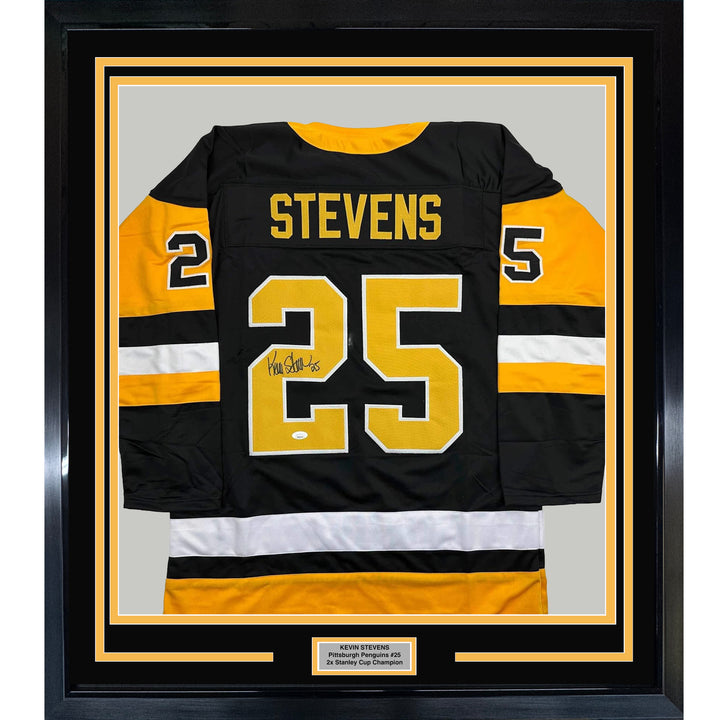 Framed Autographed/Signed Kevin Stevens 35x39 Pittsburgh Black Jersey JSA COA