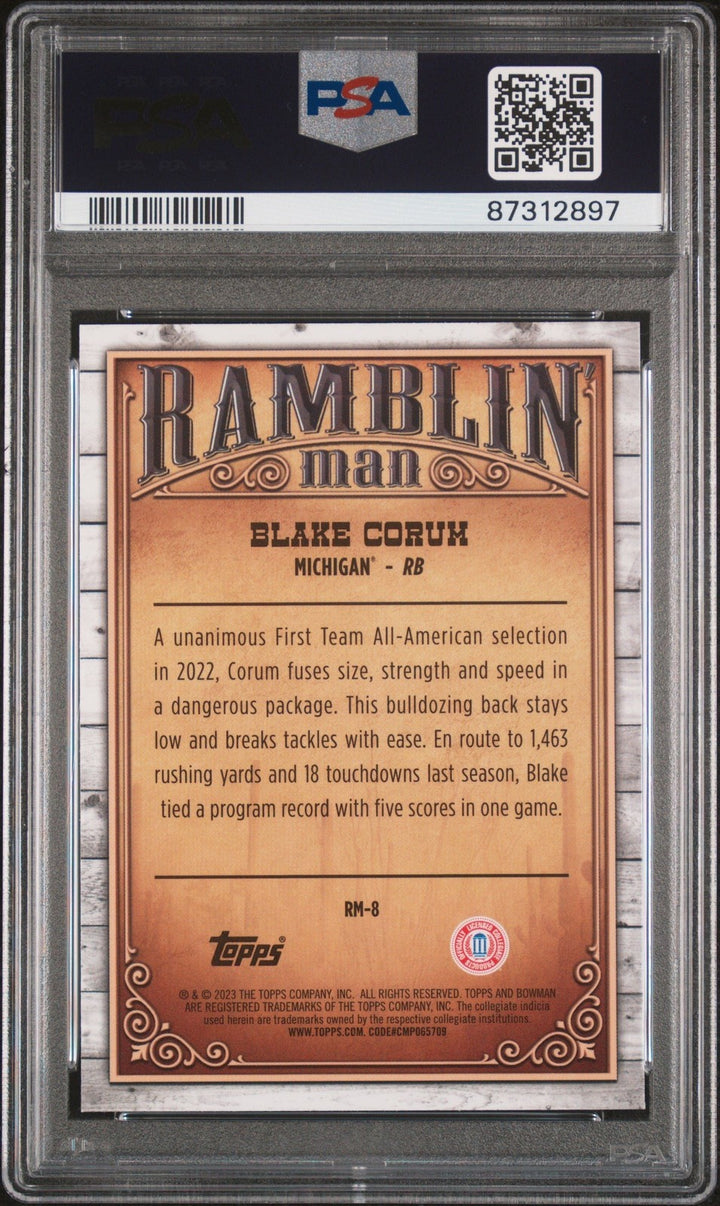 Graded 2023 Bowman U Chrome Blake Corum #RM8 Ramblin Man RC Card PSA 10
