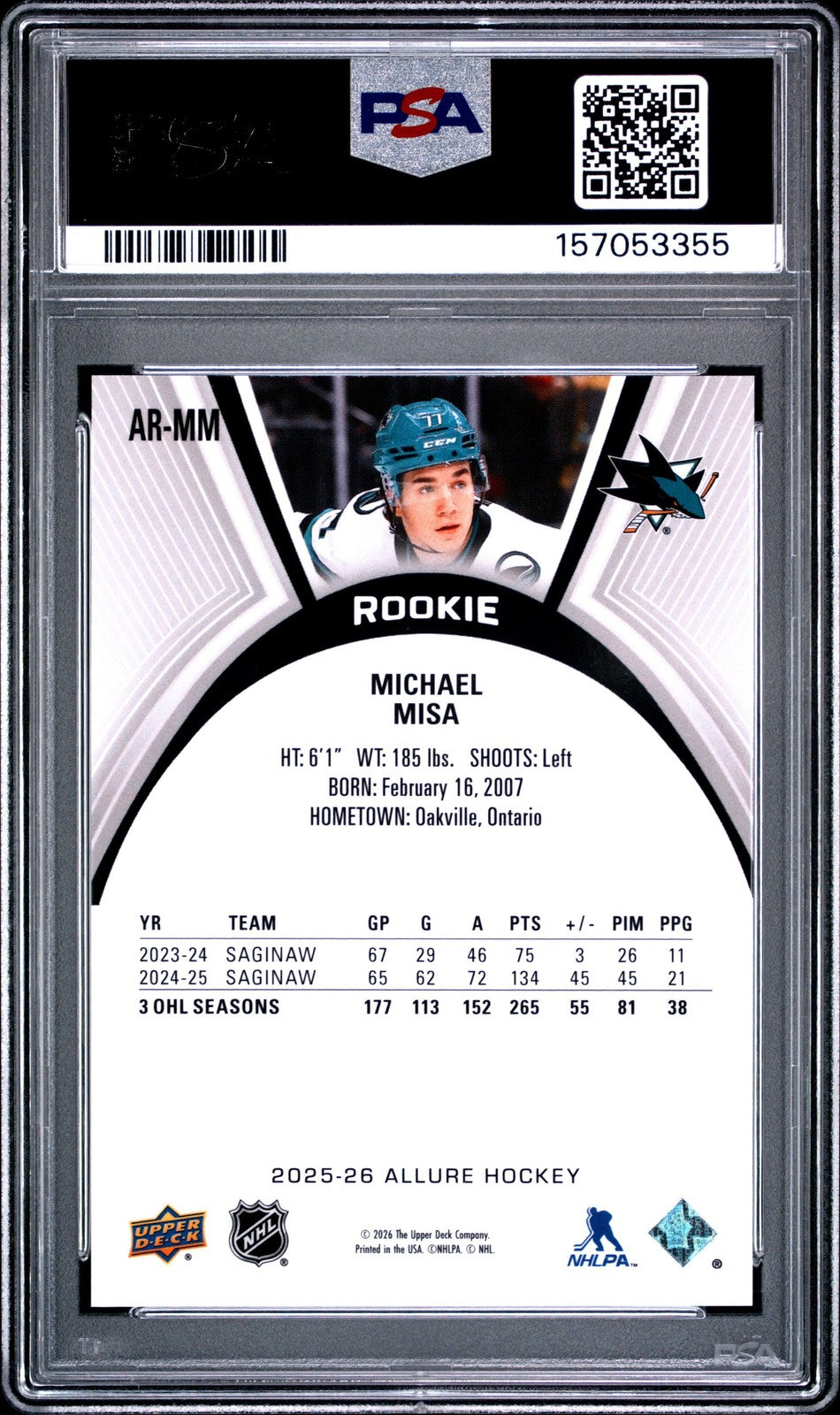 Graded 2025 Upper Deck Allure Michael Misa #ARMM Rookie RC Card PSA 10